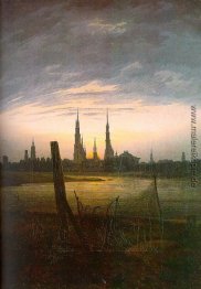 Stadt bei Mondaufgang