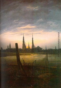 Stadt bei Mondaufgang