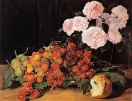 Stillleben mit Rosen, Erdbeeren und Brot