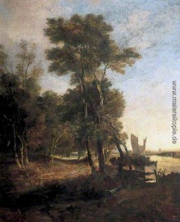 Woodland mit einem Fluss und Barges mit Sails