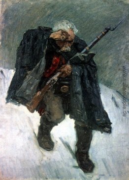 Alter Soldat Abstieg vom schneebedeckten Berg