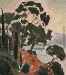 Landschaft mit Zypressen und Kiefern auf einem felsigen Küste