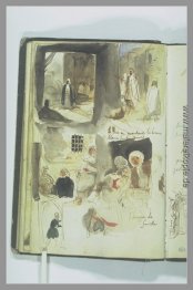 Straßen und Geschäfte mit Figuren, handschriftliche Notizen Straßen und Geschäfte mit Figuren, handschriftliche Notizen