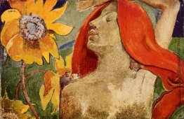 Rothaarige Frau und Sonnenblumen