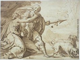Adonis zurückgehalten von der Venus, während er Jagd