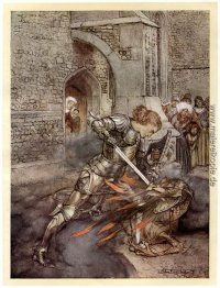 Lancelot kämpft gegen einen Drachen auf der Burg von Corbin Lancelot kämpft gegen einen Drachen auf der Burg von Corbin