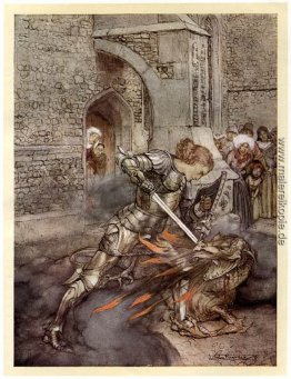 Lancelot kämpft gegen einen Drachen auf der Burg von Corbin