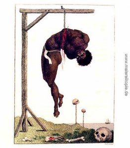 Ein Neger Hung lebendig durch die Rippen zu einem Gallows