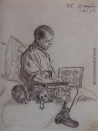 Junge mit Hund (Porträt von Cyril Kustodiev, Sohn des Künstlers) Junge mit Hund (Porträt von Cyril Kustodiev, Sohn des Künstlers)