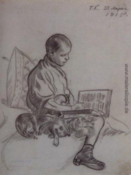 Junge mit Hund (Porträt von Cyril Kustodiev, Sohn des Künstlers)