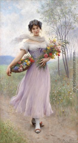 Mädchen in einem lila-Farbenes Kleid mit Blumenstrauß
