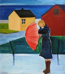 Woman in Reykjavik mit Regenschirm