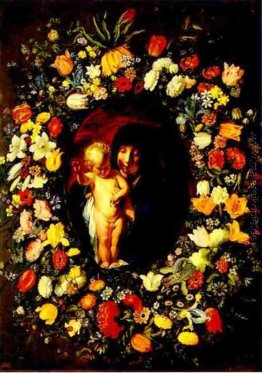 Madonna und Kind mit Blumen bekränzt