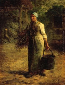 Frau mit Brennholz und einem Eimer