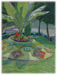 Landschaft mit Palmen und blühenden Blumenbeet Landschaft mit Palmen und blühenden Blumenbeet