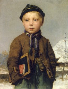 Schule Junge mit Schiefertafel in einer verschneiten Landschaft