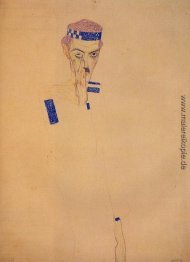 Mann mit blauem Haarband und Hand auf die Wange