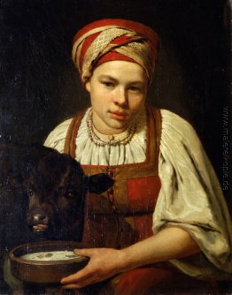 Ein Bauernmädchen mit einem Kalb