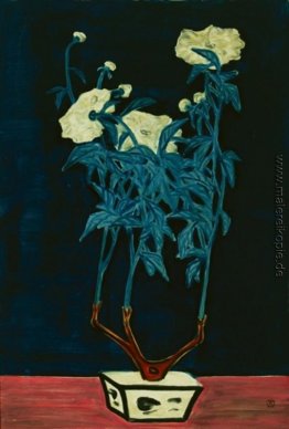 Eingemachte Blumen in einem blauen und weißen Jardiniere