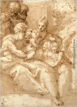 Heilige Familie mit Hirten und Engel