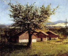 Schweizer Landschaft mit blühenden Apfelbaum