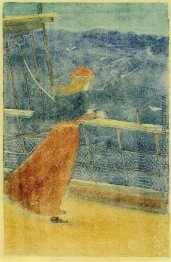 Frau auf Lieferungs-Plattform, mit Blick aufs Meer (auch als Mäd Frau auf Lieferungs-Plattform, mit Blick aufs Meer (auch als Mäd