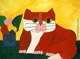 Rote Katze und Vase mit Blumen