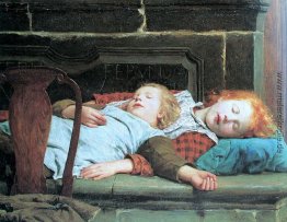 Zwei schlafende Mädchen auf der Ofenbank