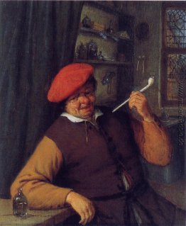 Ein Bauer in einem roten Barett Pfeife rauchend