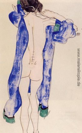 Stehender weiblicher Akt in einer blauen Robe