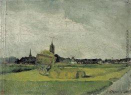 Landschaft mit Heuwagen, Kirchtürme und Windmühle