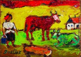 Bäuerin mit roten und grünen Kühe