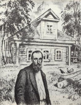 SP Podyachev in seiner Hütte im Dorf Obolyaninove