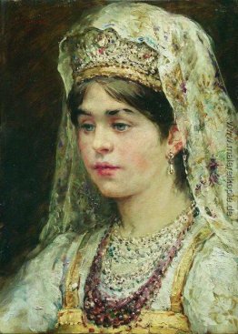 Portrait des Mädchens in einem russischen Kleid