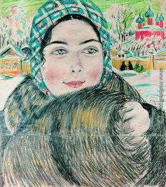 Eine junge Kaufmannsfrau in einem karierten Schal Eine junge Kaufmannsfrau in einem karierten Schal