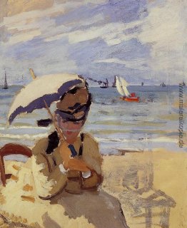 Camille Sitzen auf dem Strand bei Trouville