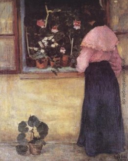 Mädchen am Fenster mit Blumen-