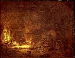 Cottage Interior mit einer Familie rund um die Feuerstelle