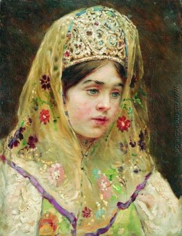 Portrait des Mädchens in einem russischen Kleid