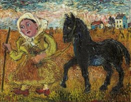 Frau im gelben Kleid mit Black Horse