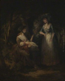 Zwei Frauen mit einem Baby im Gespräch in einem Holz