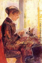 Frau von einem Fenster Füttern ihr Hund Frau von einem Fenster Füttern ihr Hund