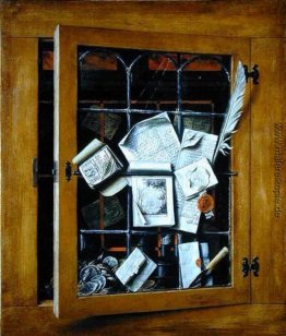 Ein Trompe l'oeil einer offenen Glasschranktür, mit zahlreichen Ein Trompe l'oeil einer offenen Glasschranktür, mit zahlreichen