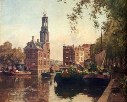 Der Blumenmarkt am Singel, Amsterdam, wobei die Munttoren Jensei Der Blumenmarkt am Singel, Amsterdam, wobei die Munttoren Jensei