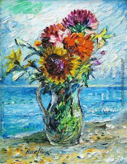 Bouquet von wilden Blumen mit Meer-Hintergrund Bouquet von wilden Blumen mit Meer-Hintergrund