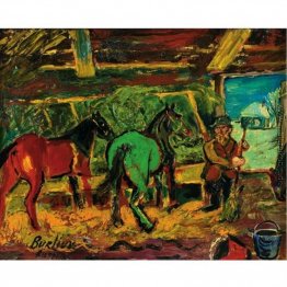 Rote und grüne Pferde in einem Stall Rote und grüne Pferde in einem Stall