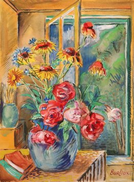 Vase mit roten und gelben Blumen Vase mit roten und gelben Blumen