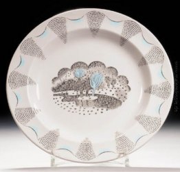 Ein Teller von seinem 'Reisen' Service für Wedgwood ausgelegt Ein Teller von seinem 'Reisen' Service für Wedgwood ausgelegt
