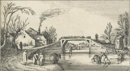 Landschaft mit Eisläufern auf einer Brücke mit Schafen Landschaft mit Eisläufern auf einer Brücke mit Schafen