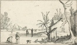 Farm in der Nähe von gefrorenen Fluss mit Skater auf dem Eis Farm in der Nähe von gefrorenen Fluss mit Skater auf dem Eis